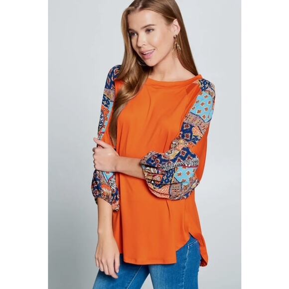 Emerald Collection - Patchwork Balloon Sleeve Tunic Top NWOT - Picture 1 of 3